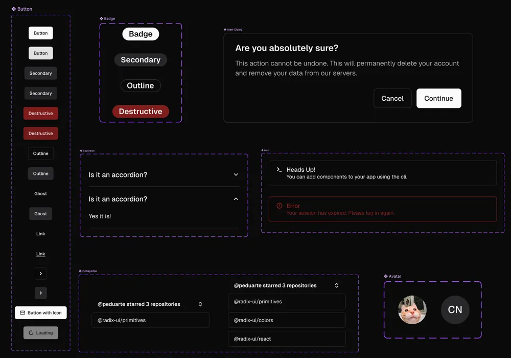 a collage of components from the design system in Figma