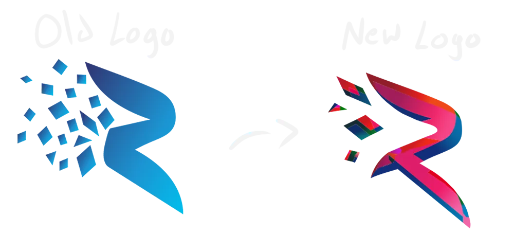a before and after of the Recolude R logo